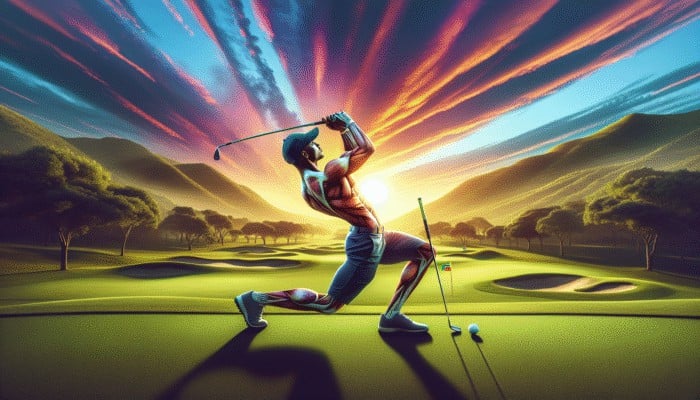 South African golfer doing side plank on golf course at sunset, enhancing swing power and stability.