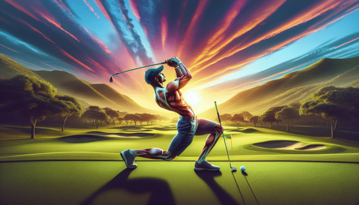 South African golfer doing side plank on golf course at sunset, enhancing swing power and stability.