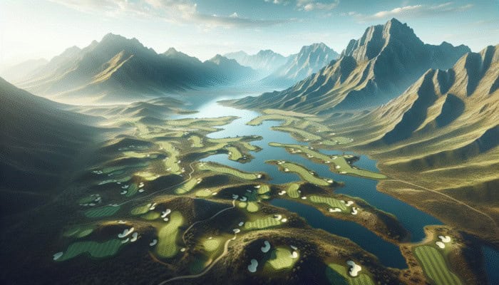 Aerial view of George Golf Club with diverse holes, scenic par threes, challenging par fives, set against Outeniqua Mountains.