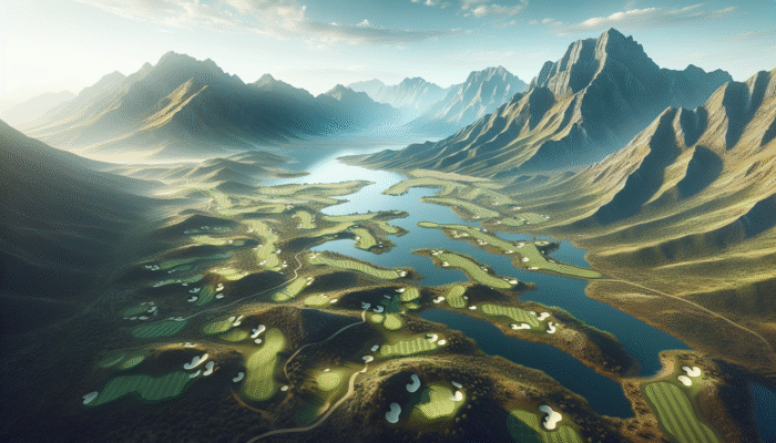Aerial view of George Golf Club with diverse holes, scenic par threes, challenging par fives, set against Outeniqua Mountains.