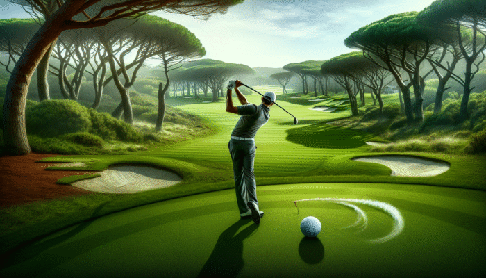 Mastering the Golf Fade vs. Draw: A right-handed golfer executing a fade shot on a South African course, curving around obstacles.
