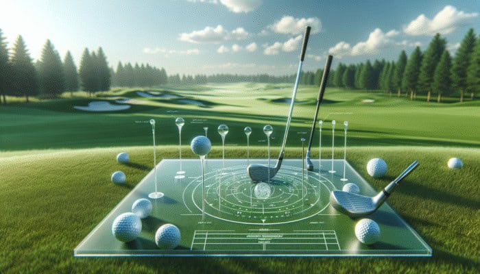 Golf equipment on green course, set up for fade and draw shots, under clear sky.