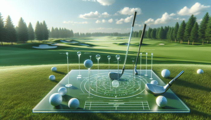 Golf equipment on green course, set up for fade and draw shots, under clear sky.