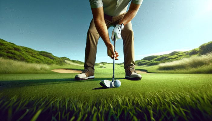 South African golfer adjusting grip for fade shot on lush course, under clear sky.