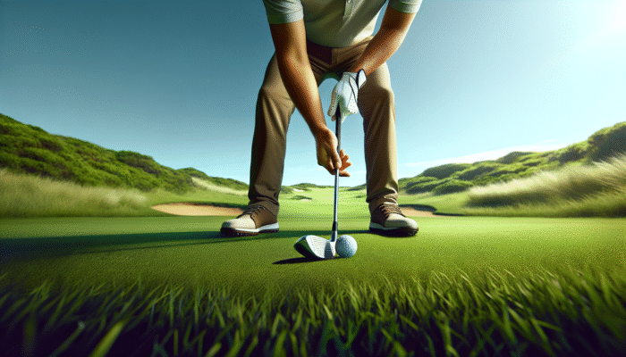 South African golfer adjusting grip for fade shot on lush course, under clear sky.