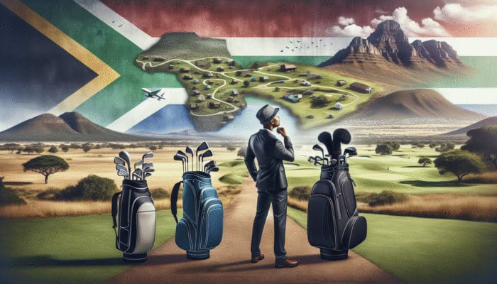 How to Travel with Golf Clubs: A golfer in South Africa selecting between stand, cart, and travel golf bags amidst varied landscapes.