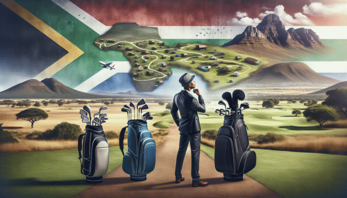 How to Travel with Golf Clubs: A golfer in South Africa selecting between stand, cart, and travel golf bags amidst varied landscapes.