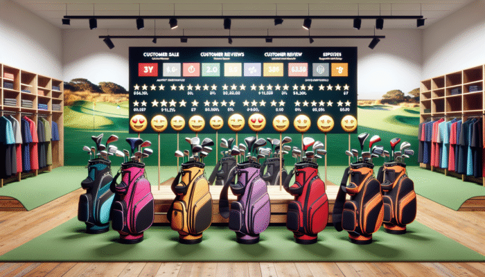 A variety of golf bags in a South African store, with sale signs and digital customer reviews.