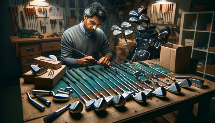 Person disassembling golf clubs on a workbench in a garage, using tools and packing materials.