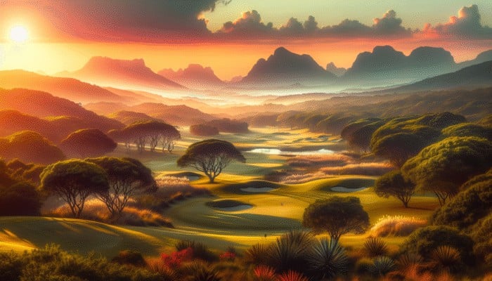 A serene South African golf course at sunset, showcasing lush fairways and distant mountains, reflecting Port Edward Country Club's vibrant community and rich cultural heritage.