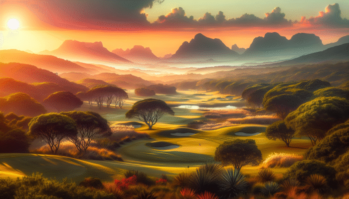A serene South African golf course at sunset, showcasing lush fairways and distant mountains, reflecting Port Edward Country Club's vibrant community and rich cultural heritage.
