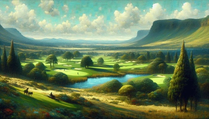 1923 golf course in KwaZulu-Natal, lush green hills, vibrant landscapes, Mooi River Country Club's origins.