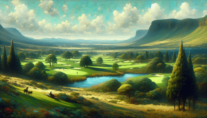 1923 golf course in KwaZulu-Natal, lush green hills, vibrant landscapes, Mooi River Country Club's origins.