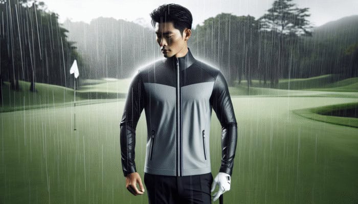 Top Golf Rain Gear for Wet Rounds: Golfer in waterproof jacket with sealed seams, adjustable cuffs, on rainy golf course, showcasing 10,000mm rating and breathable fabric.