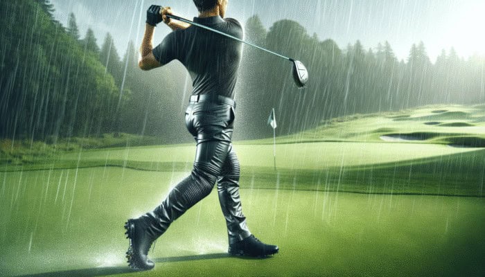 Golfer in black rainproof trousers swinging on a rainy golf course, water repelling off fabric.