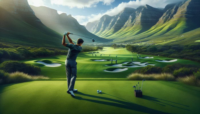 Golf Shoulder Mobility: A South African golfer practicing shoulder rotations on a lush Cape Winelands course with mountains in the background.