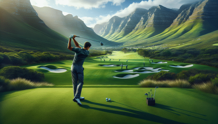 Golf Shoulder Mobility: A South African golfer practicing shoulder rotations on a lush Cape Winelands course with mountains in the background.