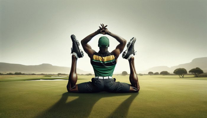 A South African golfer in golf attire performing a seated forward bend on a green field, reaching towards toes with a straight back.