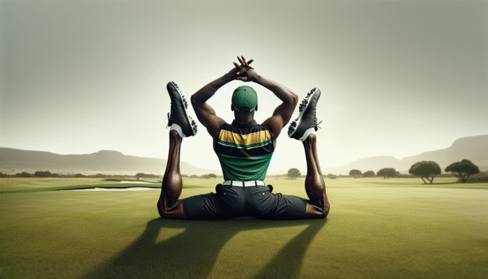 A South African golfer in golf attire performing a seated forward bend on a green field, reaching towards toes with a straight back.