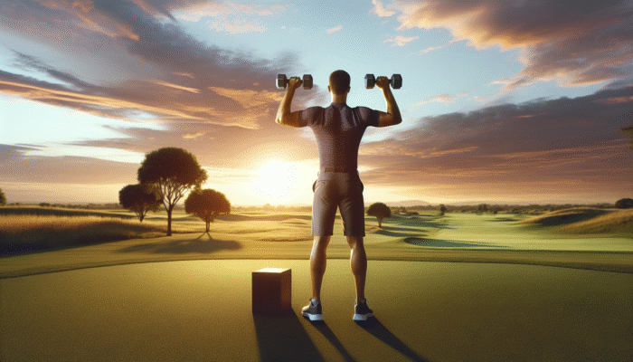 Golfer performing dumbbell shoulder press at sunset on a golf course.