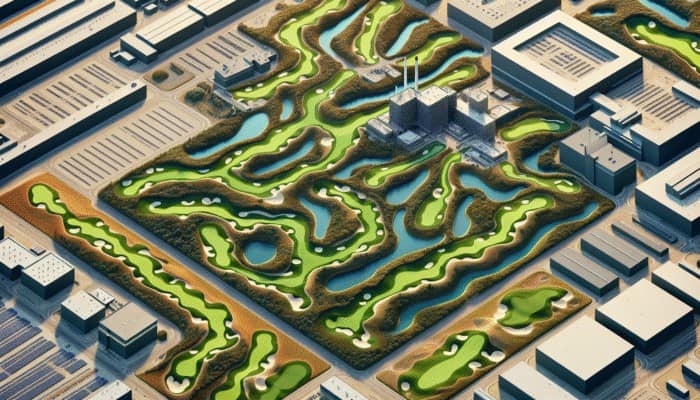 Aerial view of Krugersdorp Golf Club's architectural evolution with undulating terrain, strategic bunkers, and lush greens.