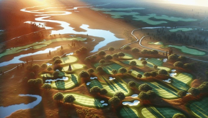 Aerial view of Krugersdorp Golf Course at sunset, highlighting the 18-hole layout with natural features.