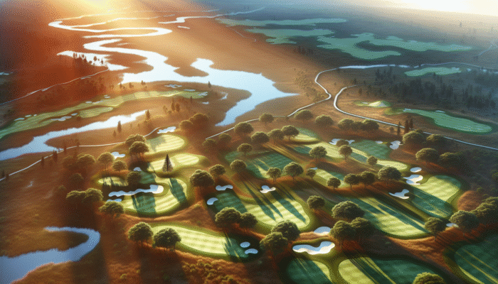 Aerial view of Krugersdorp Golf Course at sunset, highlighting the 18-hole layout with natural features.