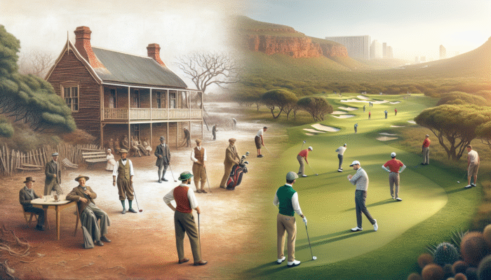 Vintage golfers playing on Klerksdorp's initial nine-hole course, evolving into a modern 18-hole championship course.