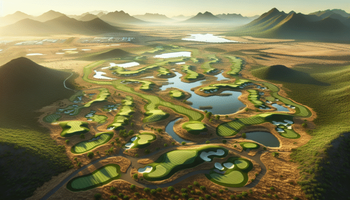 Aerial view of Klerksdorp Golf Club's 18-hole course with varied landscapes and strategic golf features.