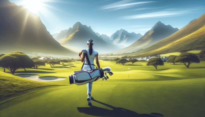 Lightweight Golf Bags for Easy Carrying: A golfer carrying a lightweight golf bag on Fancourt's fairways with mountains in the background.