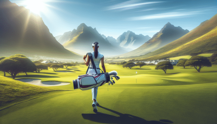 Lightweight Golf Bags for Easy Carrying: A golfer carrying a lightweight golf bag on Fancourt's fairways with mountains in the background.