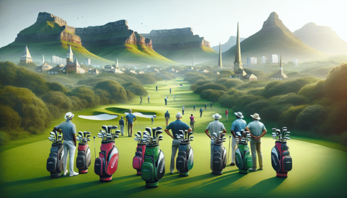 Golfers with colorful, lightweight golf bags against South African landscapes and landmarks.