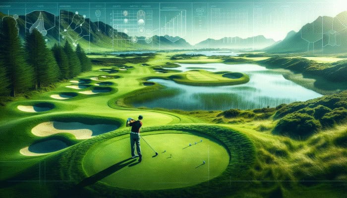 Golfer teeing off at Silver Lakes Golf Club with lush fairways, bunkers, and water features against a stunning backdrop.