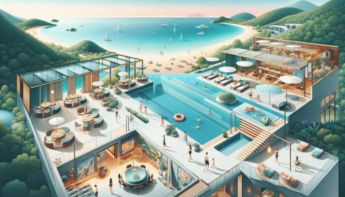 Luxurious resort featuring infinity pool, gym, spa, gourmet restaurant, and lush gardens with seating.