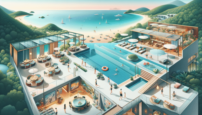 Luxurious resort featuring infinity pool, gym, spa, gourmet restaurant, and lush gardens with seating.