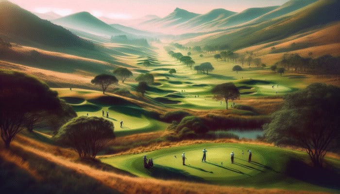 Golfers playing at Gowrie Farm Golf Course, KwaZulu-Natal Midlands, South Africa, 1994, surrounded by lush landscapes.