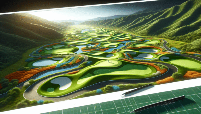 A vibrant golf course with unique holes and colorful paths, set against rolling hills and lush greenery.