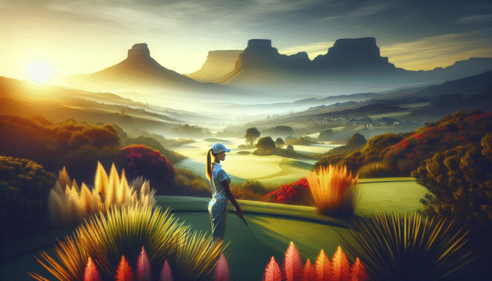 Golfer at dawn on Gowrie Farm Golf Course, surrounded by lush greenery and vibrant flora, with Drakensberg Mountains in background casting a golden glow.