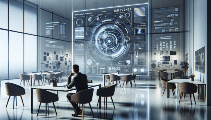 A person in a minimalist office surrounded by digital screens, brainstorming vlog content strategies.