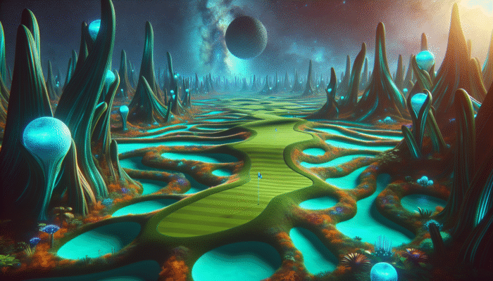 A futuristic golf course with twisting fairways, vibrant features, and bioluminescent plants under a starry sky.