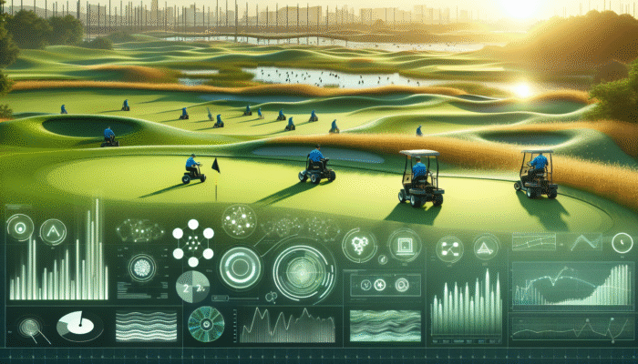 A sunrise view of a well-maintained golf course with greenkeepers using modern equipment for sustainable care.