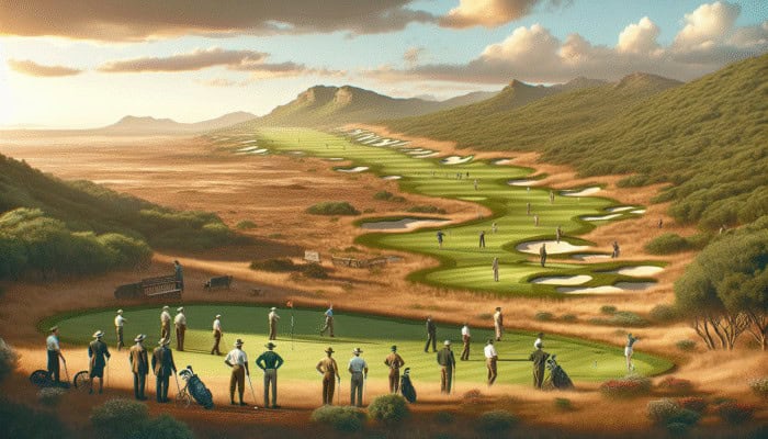 Scottburgh Golf Club: A 1911 golf club scene in South Africa, evolving into a modern, expansive course bustling with diverse golfers.