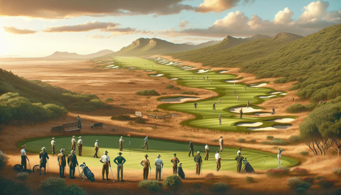 Scottburgh Golf Club: A 1911 golf club scene in South Africa, evolving into a modern, expansive course bustling with diverse golfers.