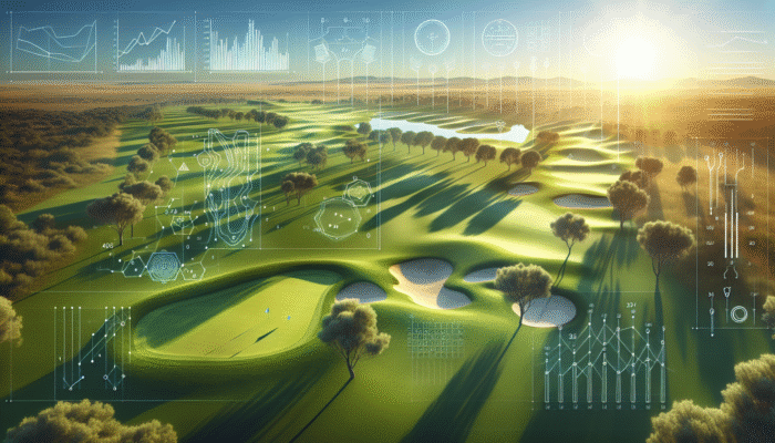 A detailed golf course blueprint with green fairways, sand traps, and water hazards under a setting sun.