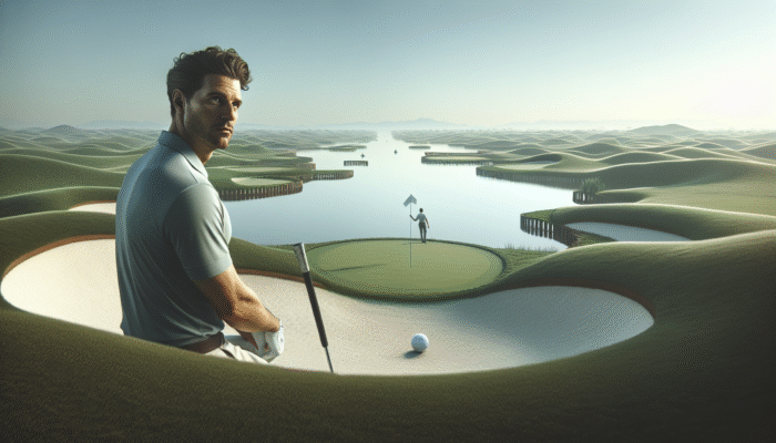 Golfer at Scottburgh Golf Club strategizing shot over water hazard to green, surrounded by bunkers.