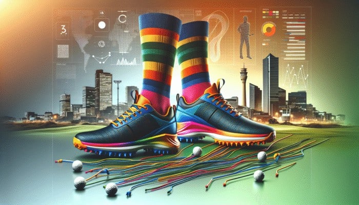 Vibrant golf shoes with colorful socks and distinctive laces, set against a South African cityscape.