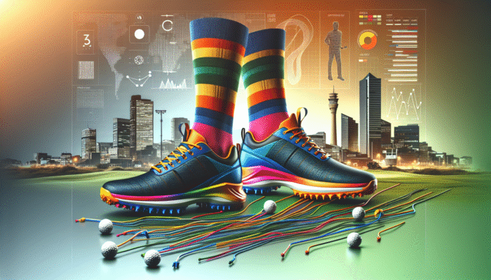 Vibrant golf shoes with colorful socks and distinctive laces, set against a South African cityscape.