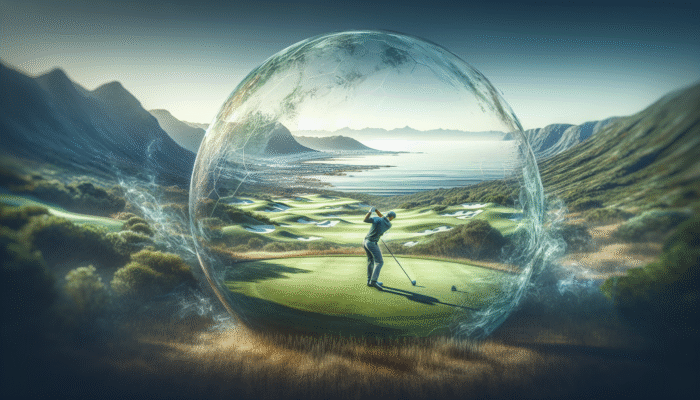Golfer tees off at Pezula Championship Course with stunning coastal views of Indian Ocean and mountains.