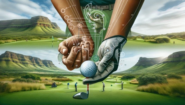 How to Improve Golf Swing for Newbies: A South African golfer showing grip techniques on a lush course, focusing on finger positioning and grip pressure.