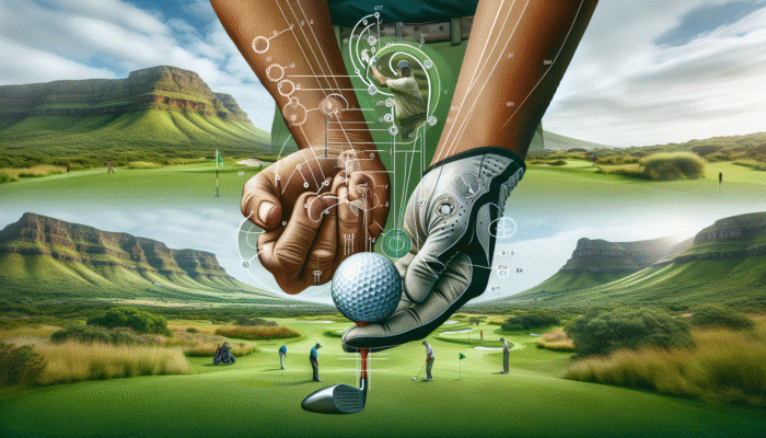 How to Improve Golf Swing for Newbies: A South African golfer showing grip techniques on a lush course, focusing on finger positioning and grip pressure.